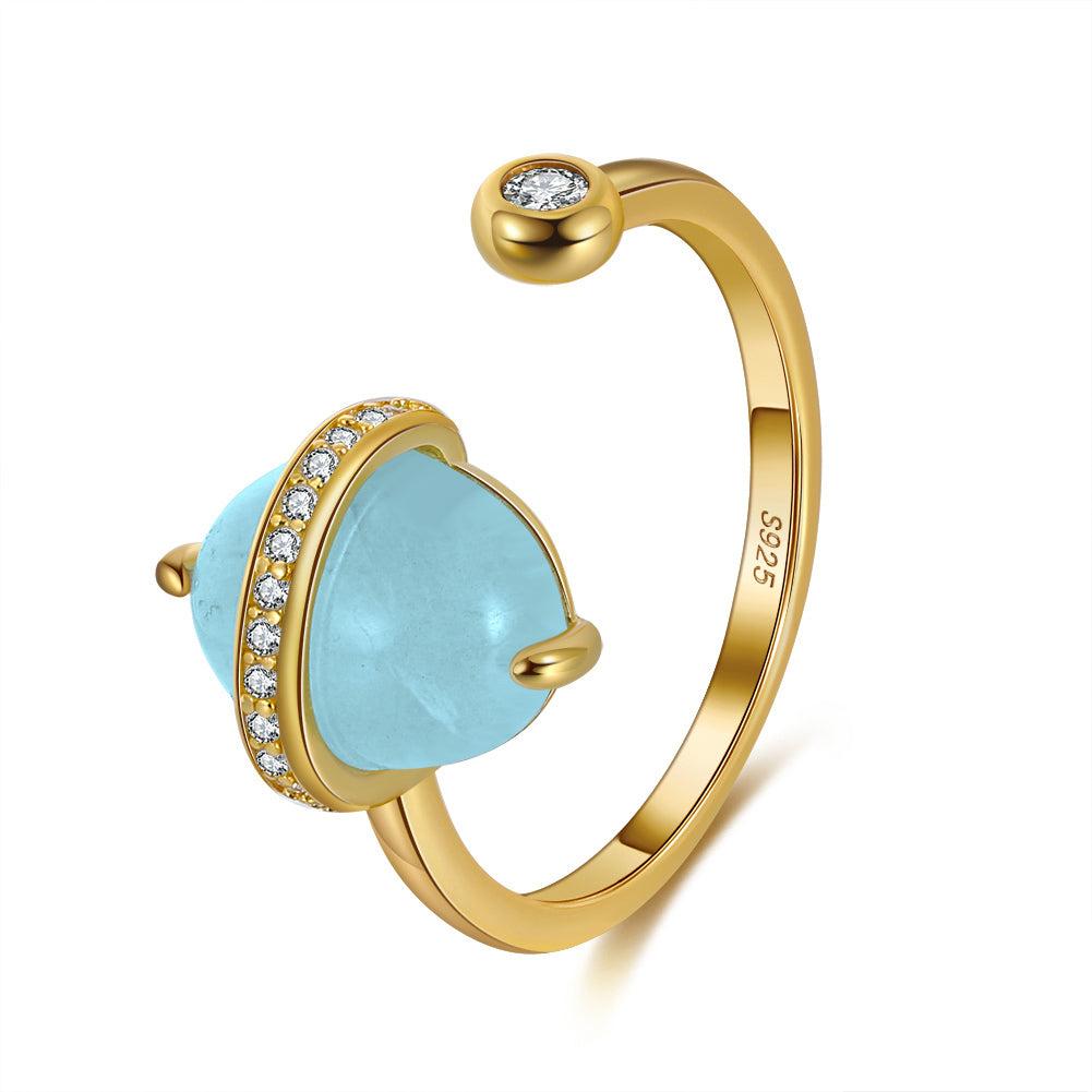 Anillo Abierto Plata S925 Baño de oro 14k con Aquamarina natural 3.2g