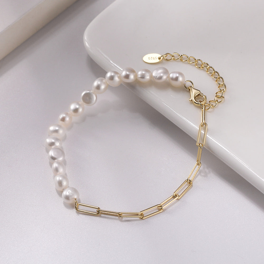 Pulsera Plata S925 Baño de oro 14k con Perla natural 3.7g