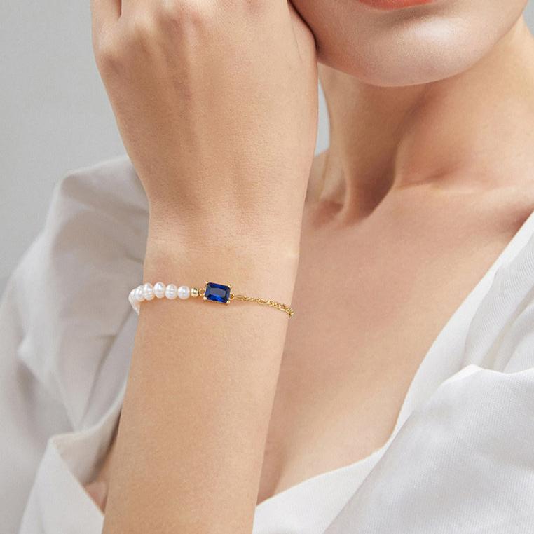 Pulsera Plata S925 Baño de oro 14k con Perla natural+circonia 3.62g