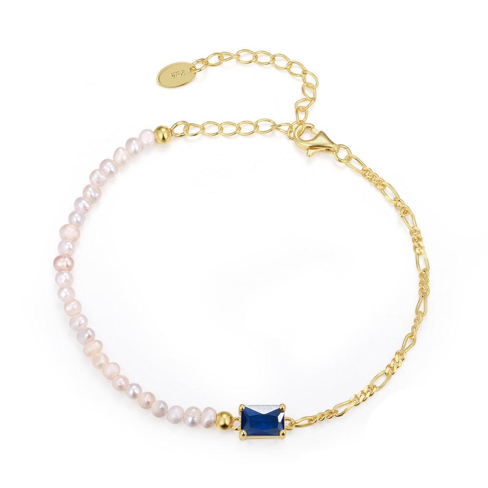 Pulsera Plata S925 Baño de oro 14k con Perla natural+circonia 3.62g