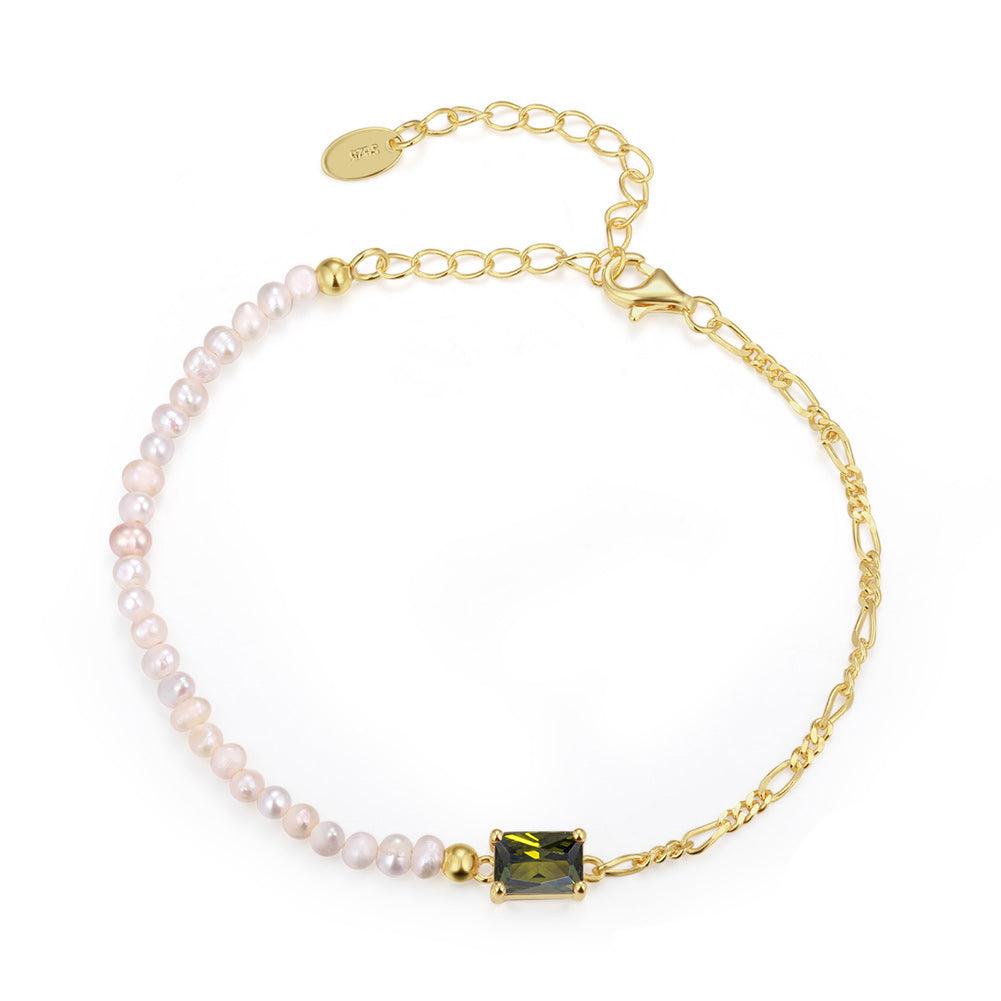 Pulsera Plata S925 Baño de oro 14k con Perla natural y circonia 3.62g