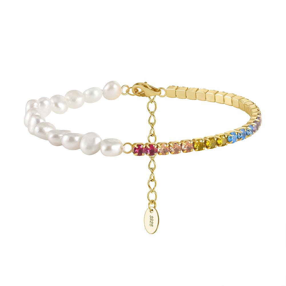 Pulsera Tennis Plata S925 Baño de oro 14k con Perla natural + circonia 6.18g