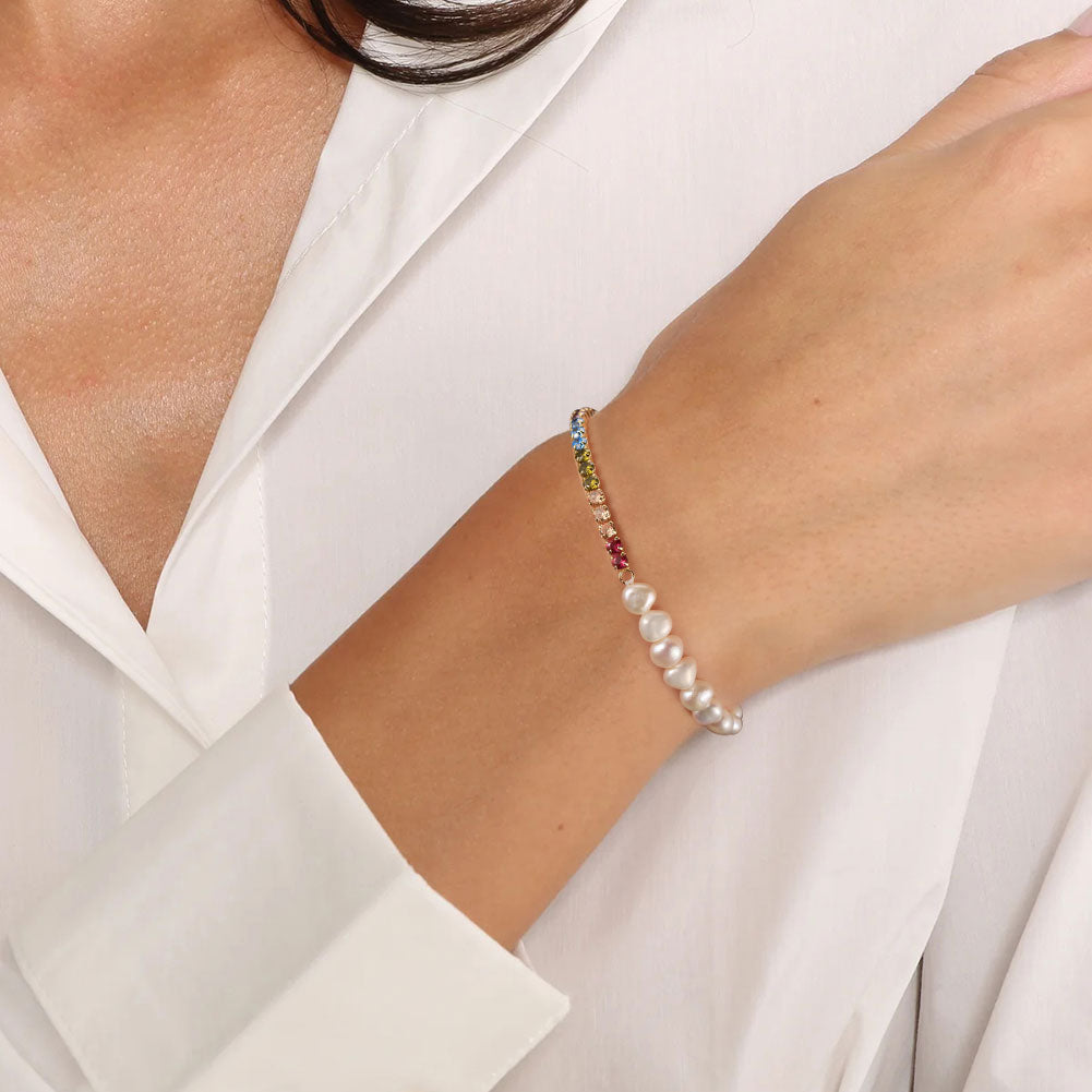 Pulsera Tennis Plata S925 Baño de oro 14k con Perla natural + circonia 6.18g