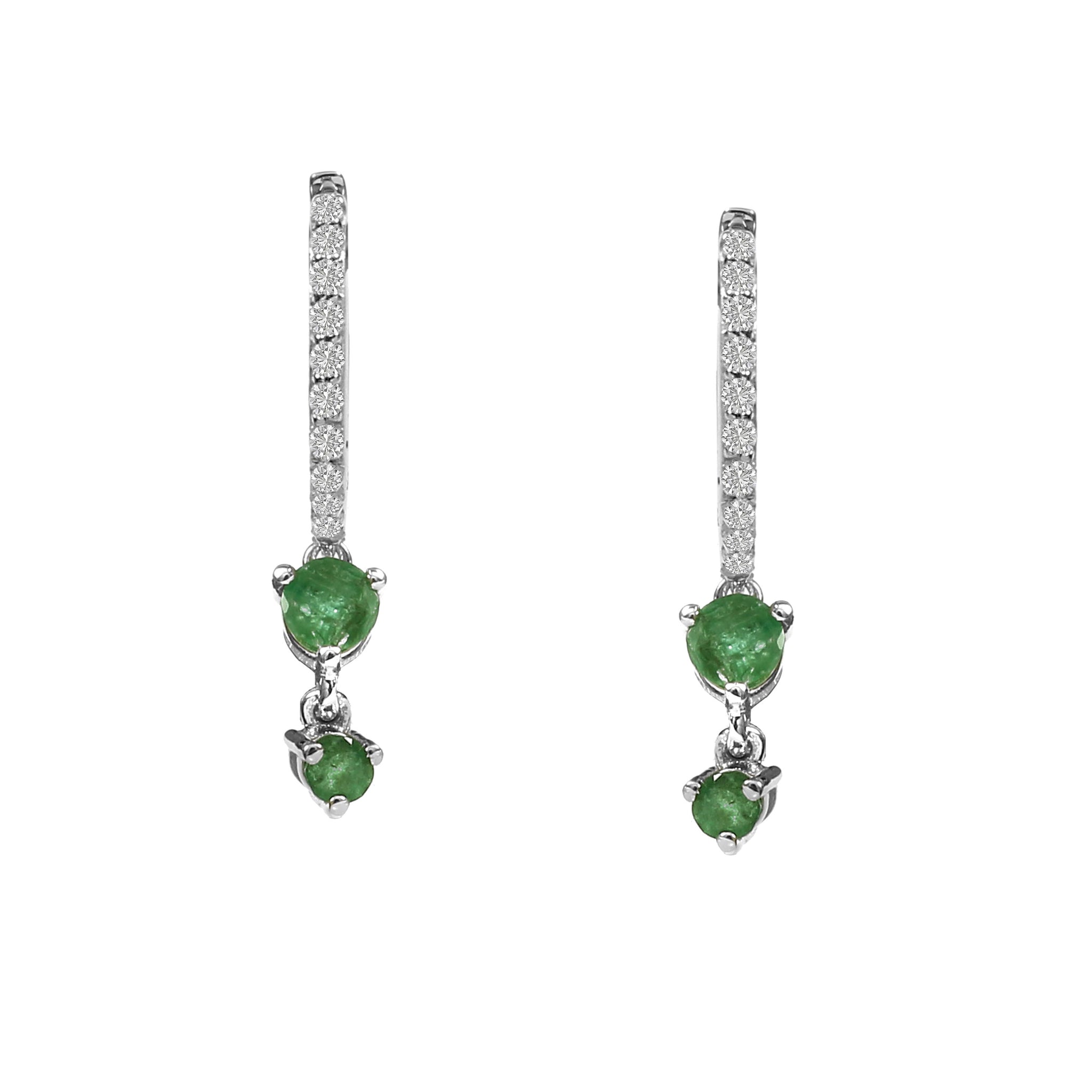 Aretes En Oro Blanco De 14K Con Diamante Y Esmeralda 0.65 Ct
