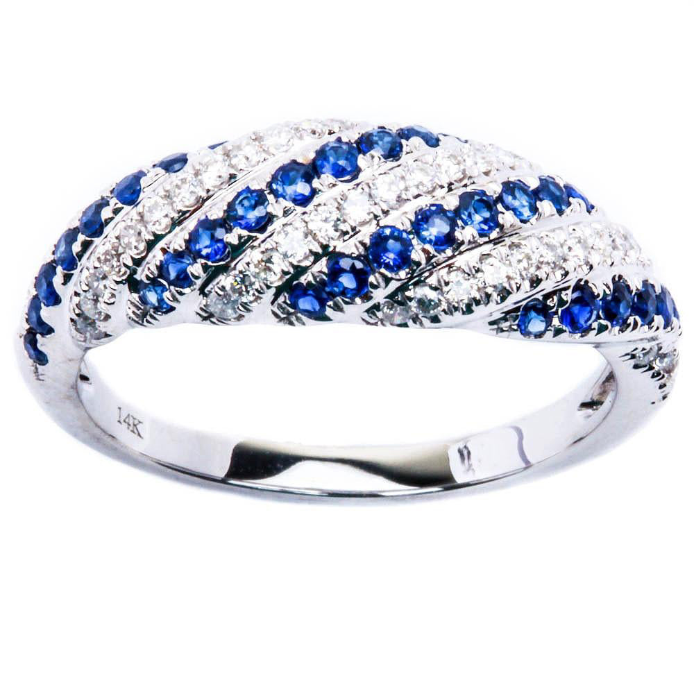 14K, 0.69CT Blue Sapphire and Round Diamond Wedding Band.