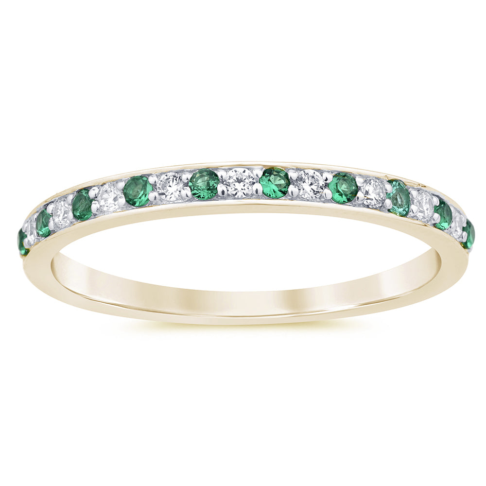 Anillo de Aniversario Alternando Diamante & Esmeralda en Oro Amarillo en 14K 0.2 CT