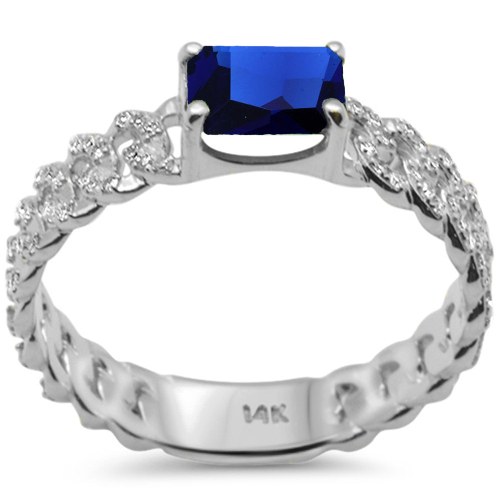 Cuban Link Ring with Blue Sapphire and Diamonds in 14K White Gold, 0.89CT.
