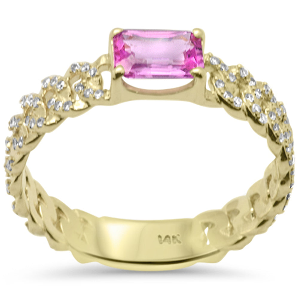 Anillo Cubana Link De Zafiro Rosa Y Diamante Y Piedra Preciosa En Oro Blanco De 14K .78Ct