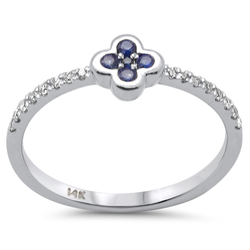 14K white gold Clover-shaped ring with diamonds and blue sapphire, 0.23CT.