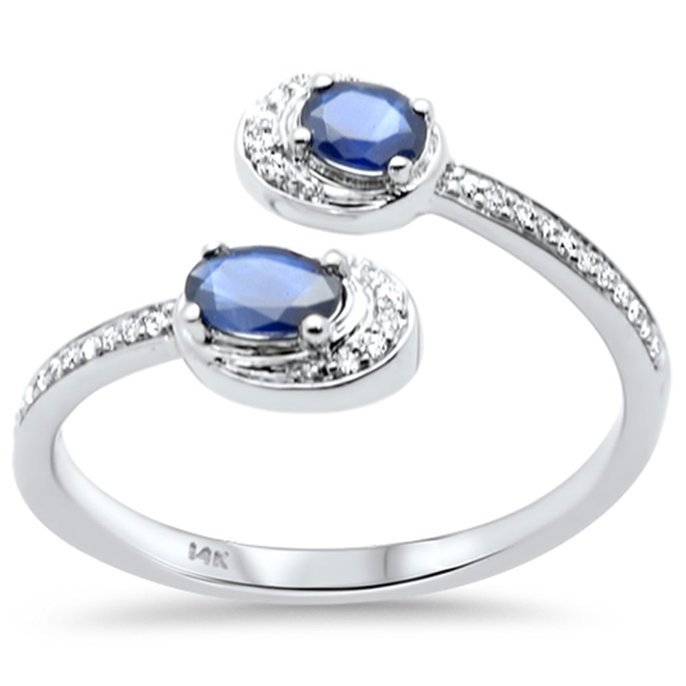 14K white gold open ring with round diamonds and blue sapphire, 0.51CT.