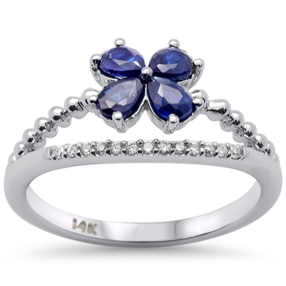 Anillo Flor Pera De Zafiro Azul Y Diamante Y Piedra Preciosa En Oro Blanco De 14K .80Ct