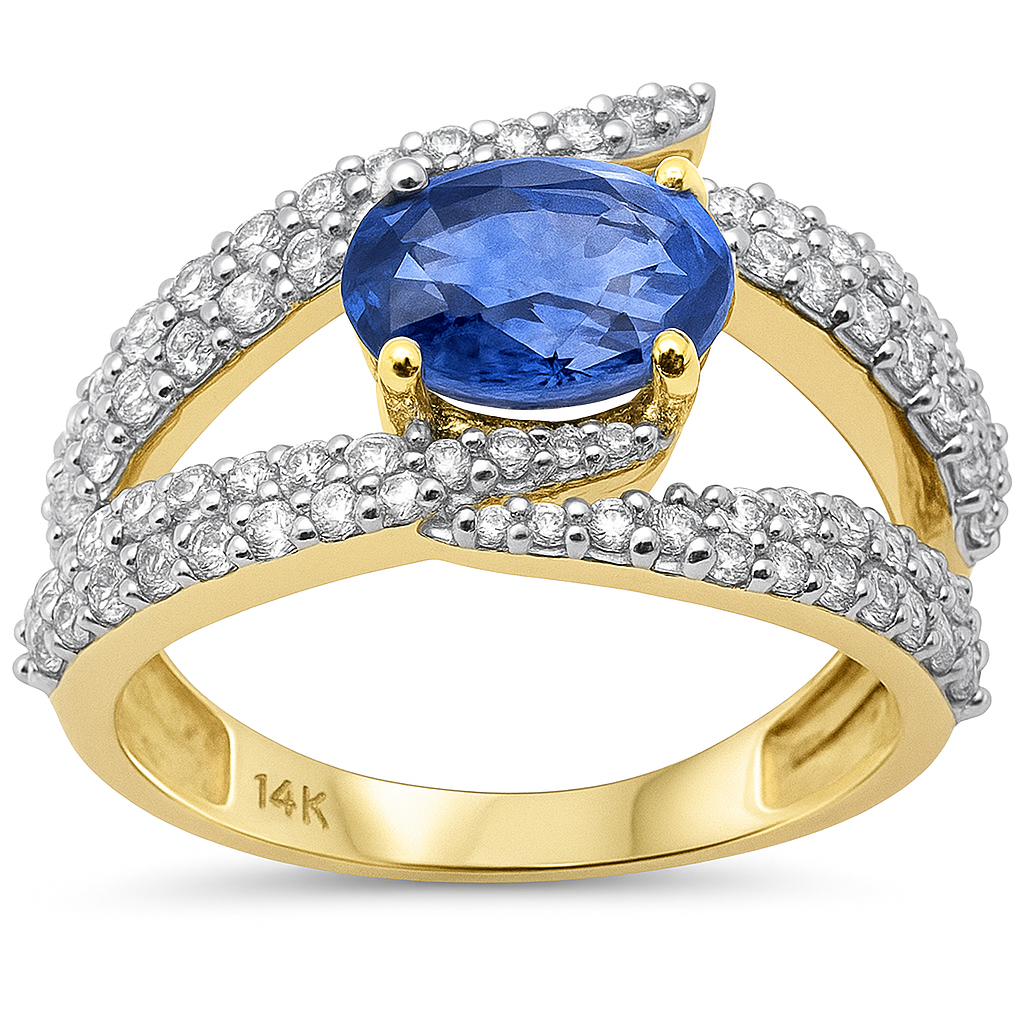 Anillo De Zafiro Azul Y Diamante Y Piedra Preciosa En Oro Amarillo De 14K 2.60Ct