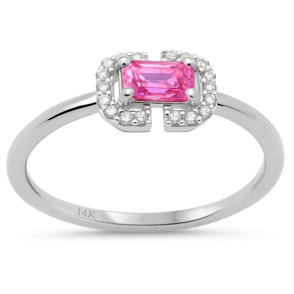 Anillo De Zafiro Rosa Y Diamante Y Piedra Preciosa En Oro Blanco De 14K .40Ct