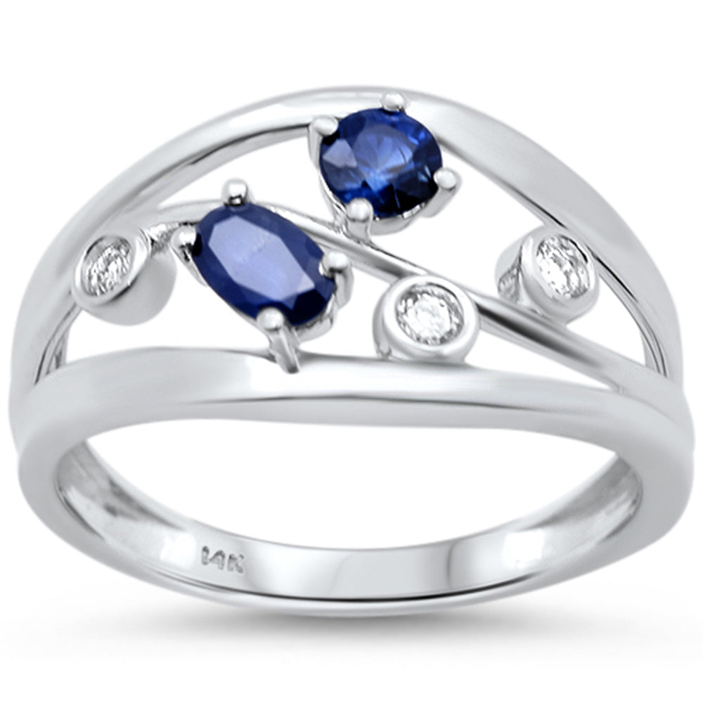 Anillo De Zafiro Azul Y Diamante Y Piedra Preciosa En Oro Blanco De 14K .65Ct