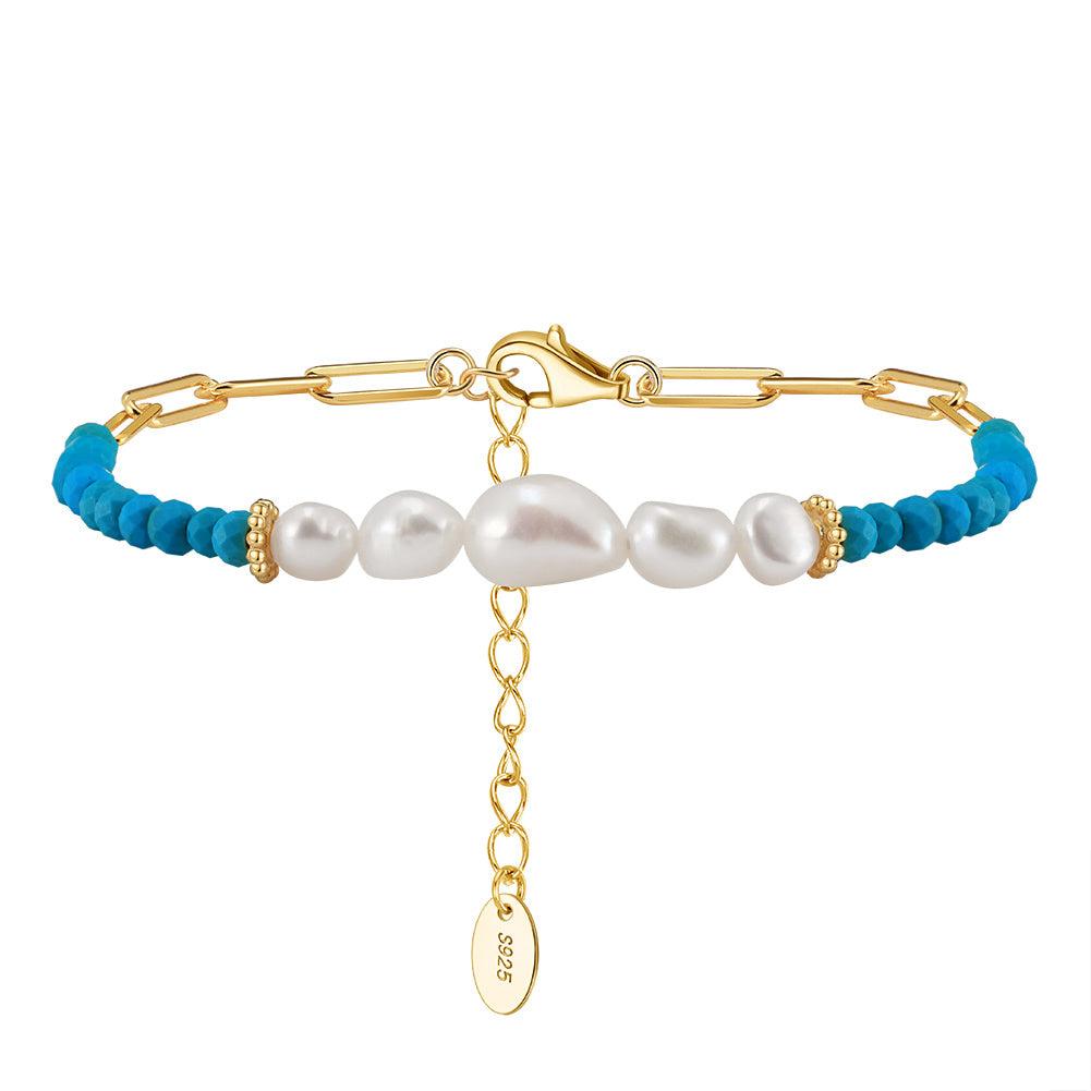 Pulsera Plata S925 Baño de oro 14k con Perla natural y turquesa 3.72g