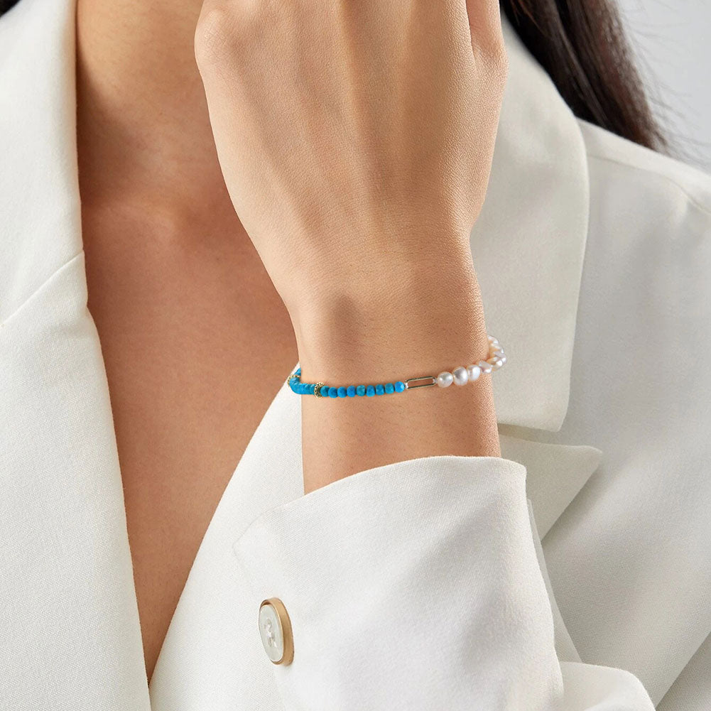 Pulsera Plata S925 Baño de oro 14k con Perla natural + turquesa 3.72g