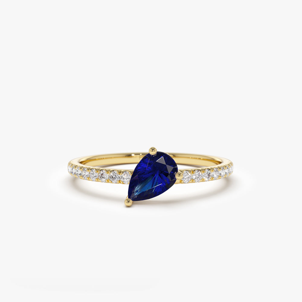 Anillo De Zafiro En Forma De Pera Con Pave De Diamantes En Oro Amarillo De 14K 2Ct