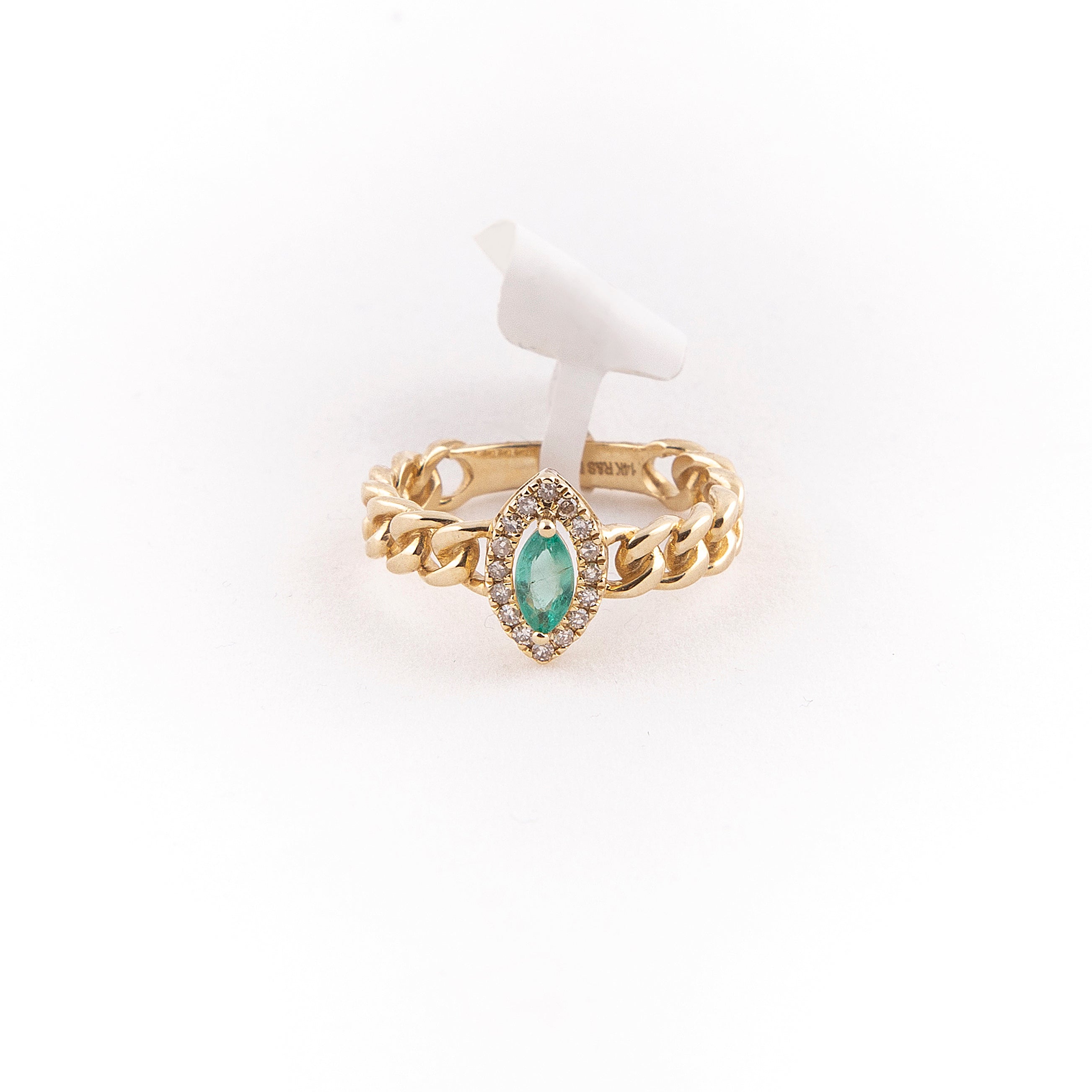 Anillo Cubano Halo Diamante Esmeralda Oro Amarillo 14K 0.38 ct.