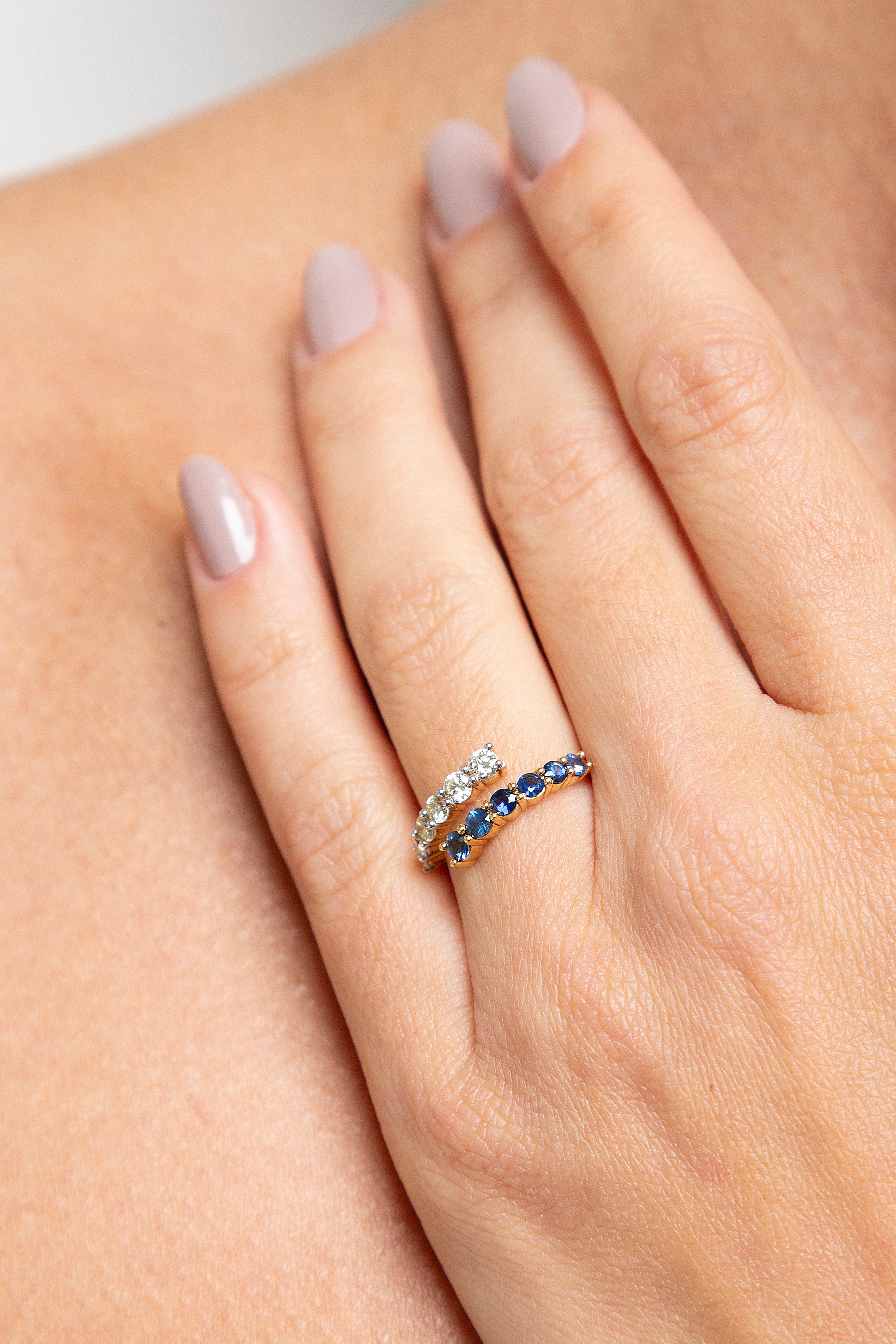 Anillo Bypass Diamante Zafiro Oro Amarillo 14K 0.88 ct.