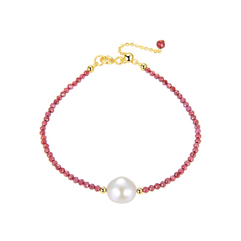 Pulsera Plata S925 Baño de oro con Garnet natural + perlas