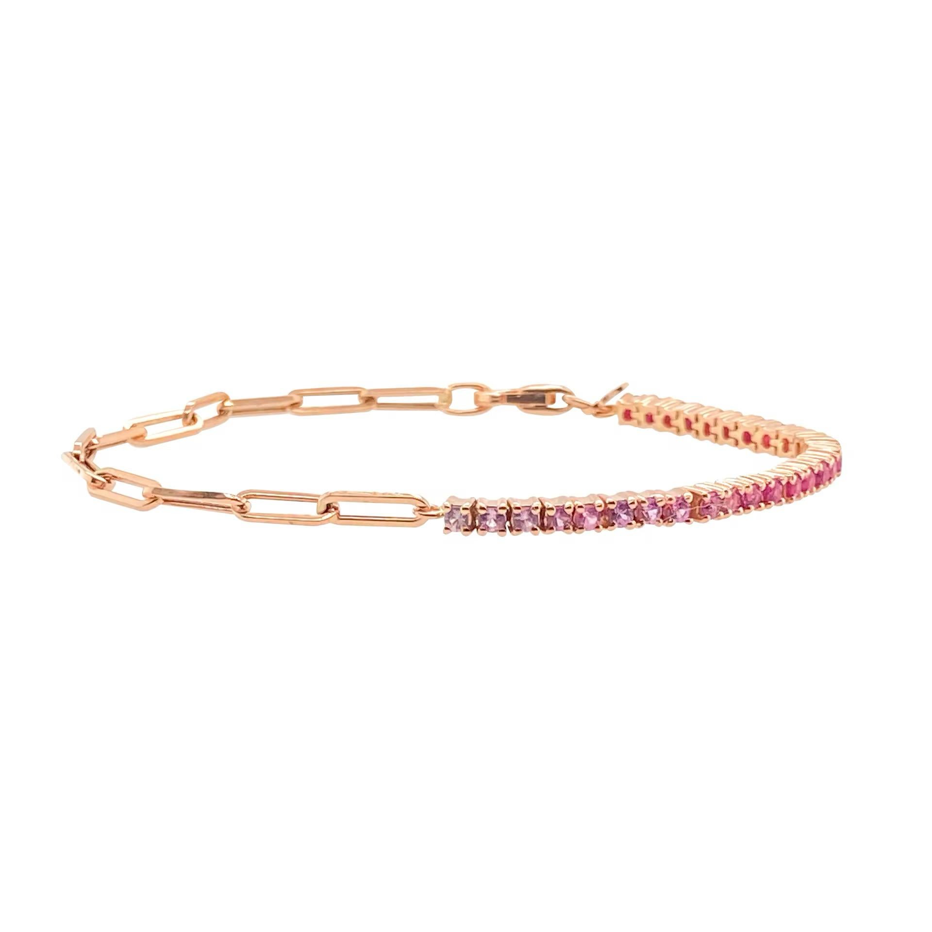 Pulsera con Cadena Paper Clip de Zafiro Rosa en Oro Amarillo de 14K