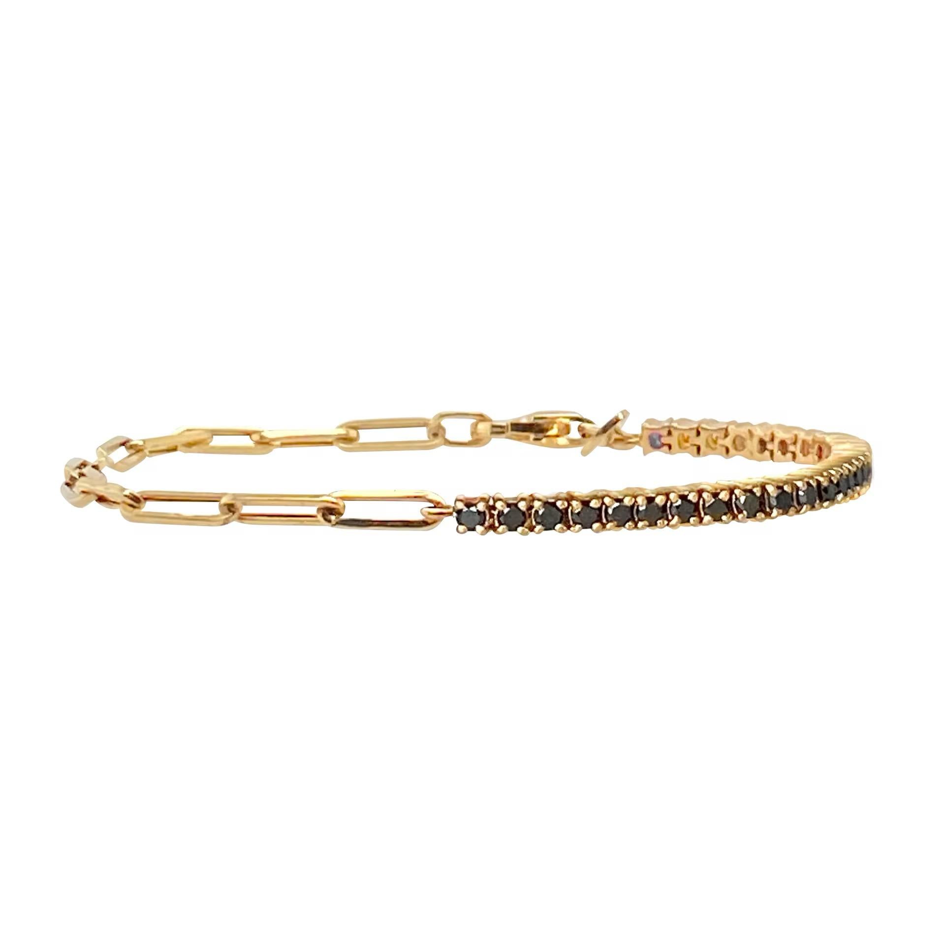 Pulsera con Cadena Paper Clip de Diamante Negro en Oro Amarillo de 14K