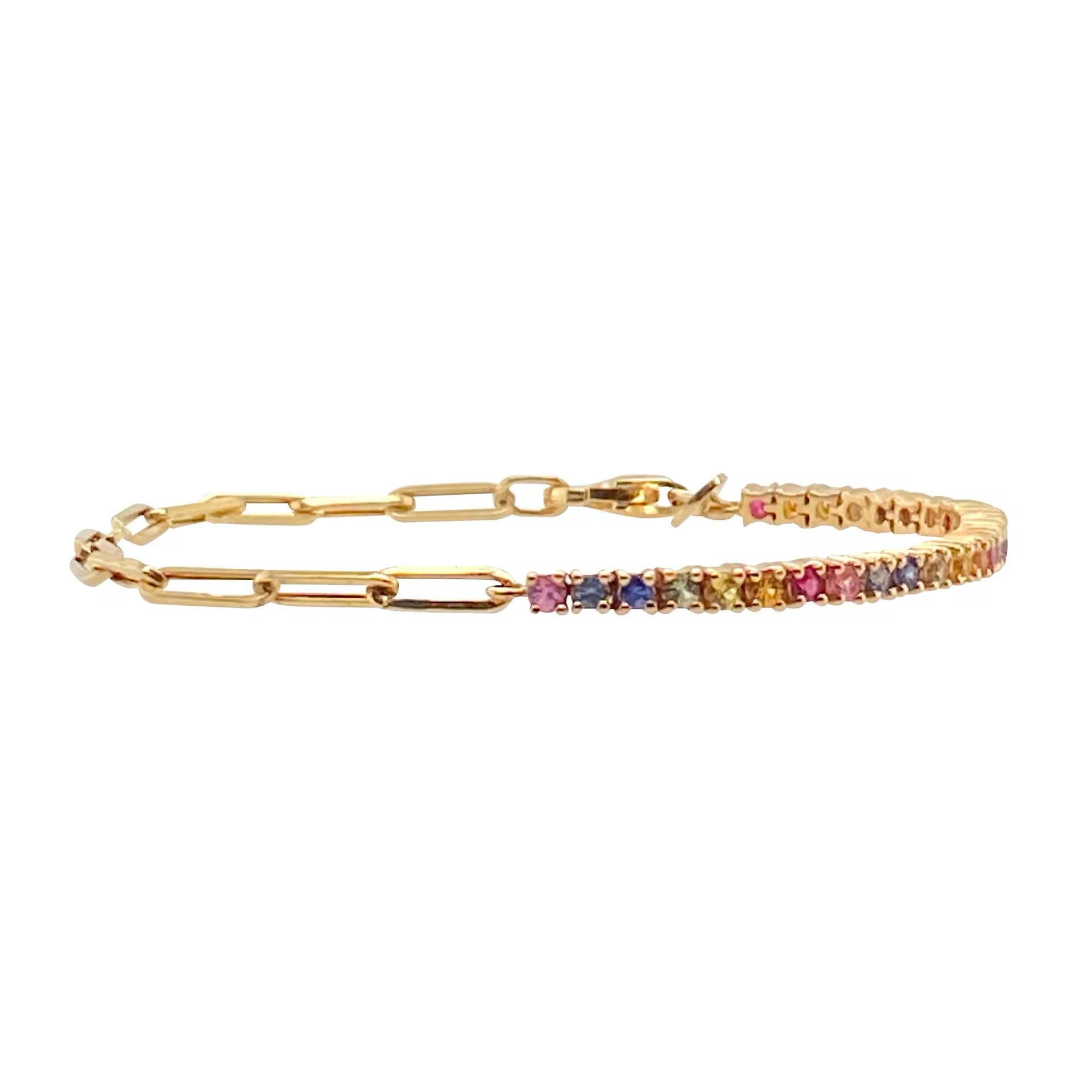 Pulsera con Cadena Paper Clip de Zafiro Multi 1.5ct  en Oro Amarillo de 14K