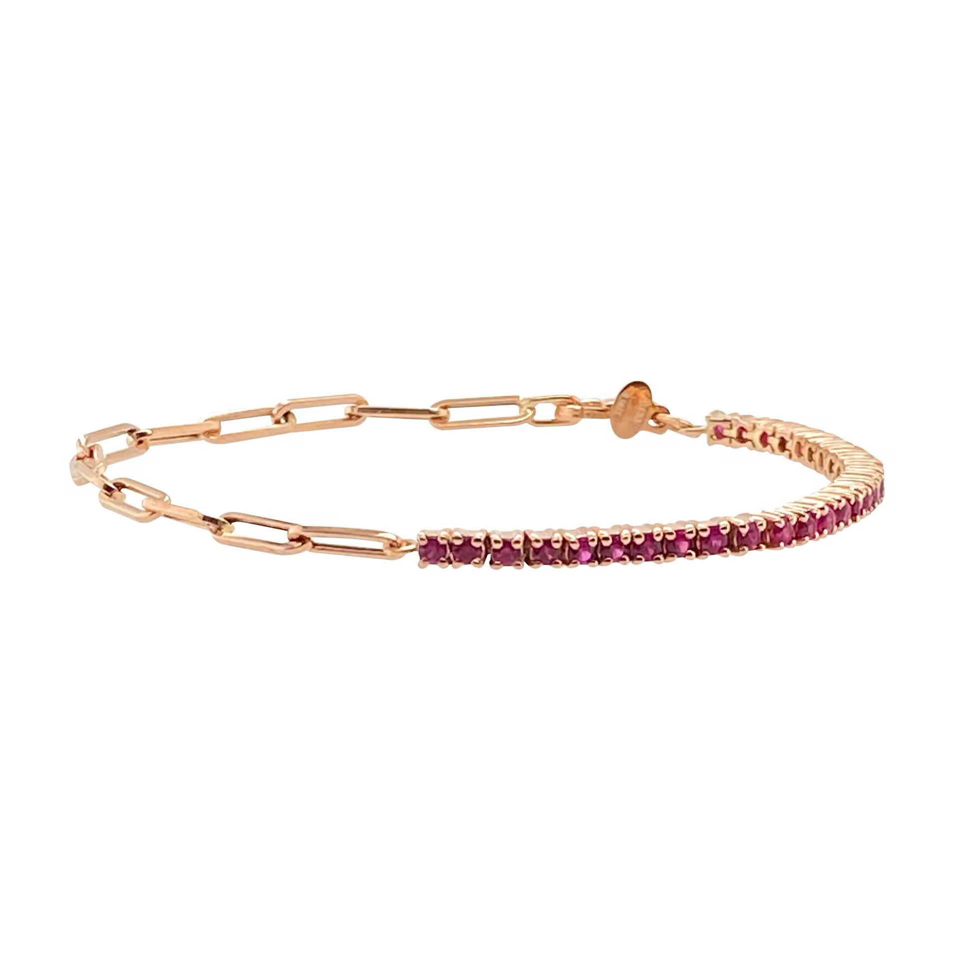 Pulsera con Cadena Paper Clip de Rubí en Oro Amarillo de 14K