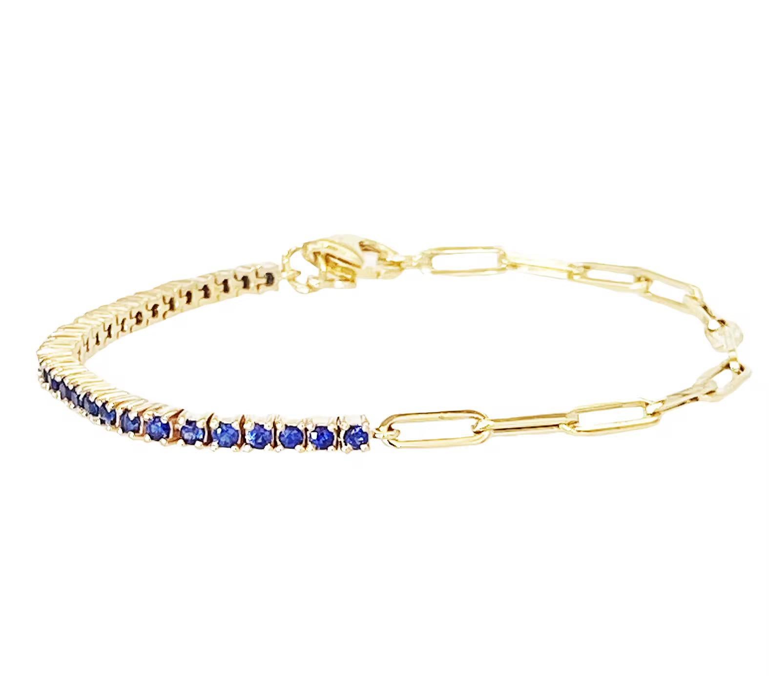 Pulsera con Cadena Paper Clip de Zafiro en Oro Amarillo de 14K