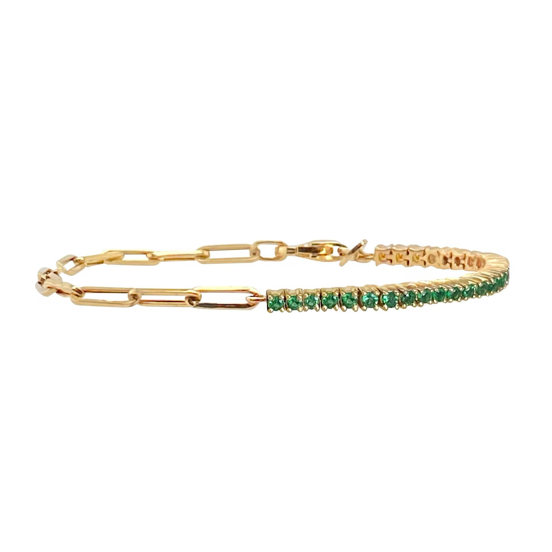 Pulsera con Cadena Paper Clip de Esmeralda en Oro Amarillo de 14K