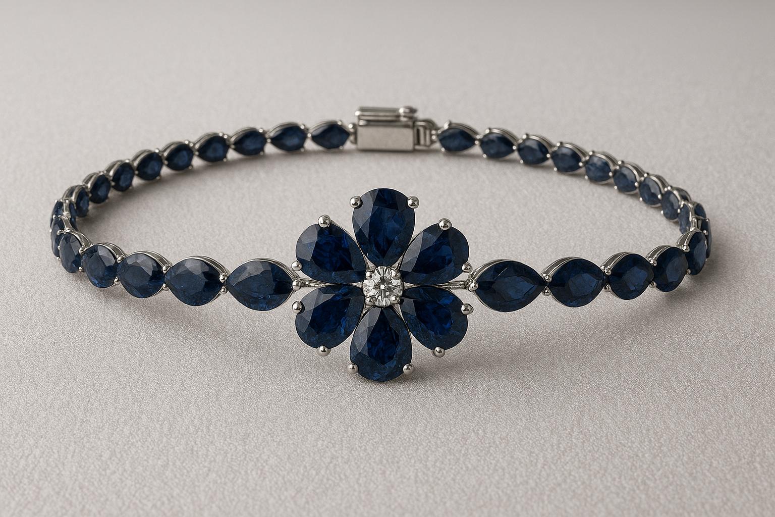Pulsera de Zafiros en Forma de Flor en Oro Blanco de 14K, 9.2 TCW
