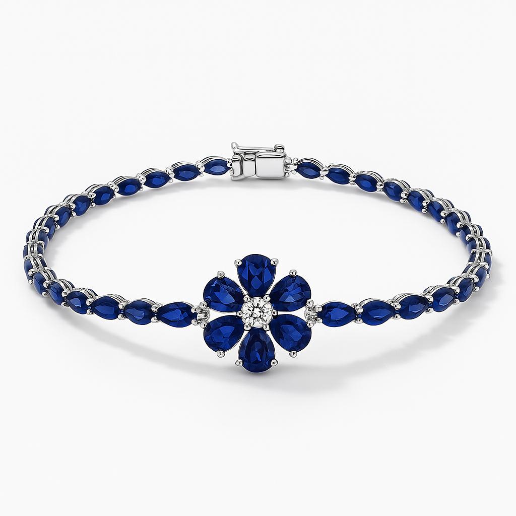 Pulsera de Zafiros en Forma de Flor en Oro Blanco de 14K, 9.2 TCW