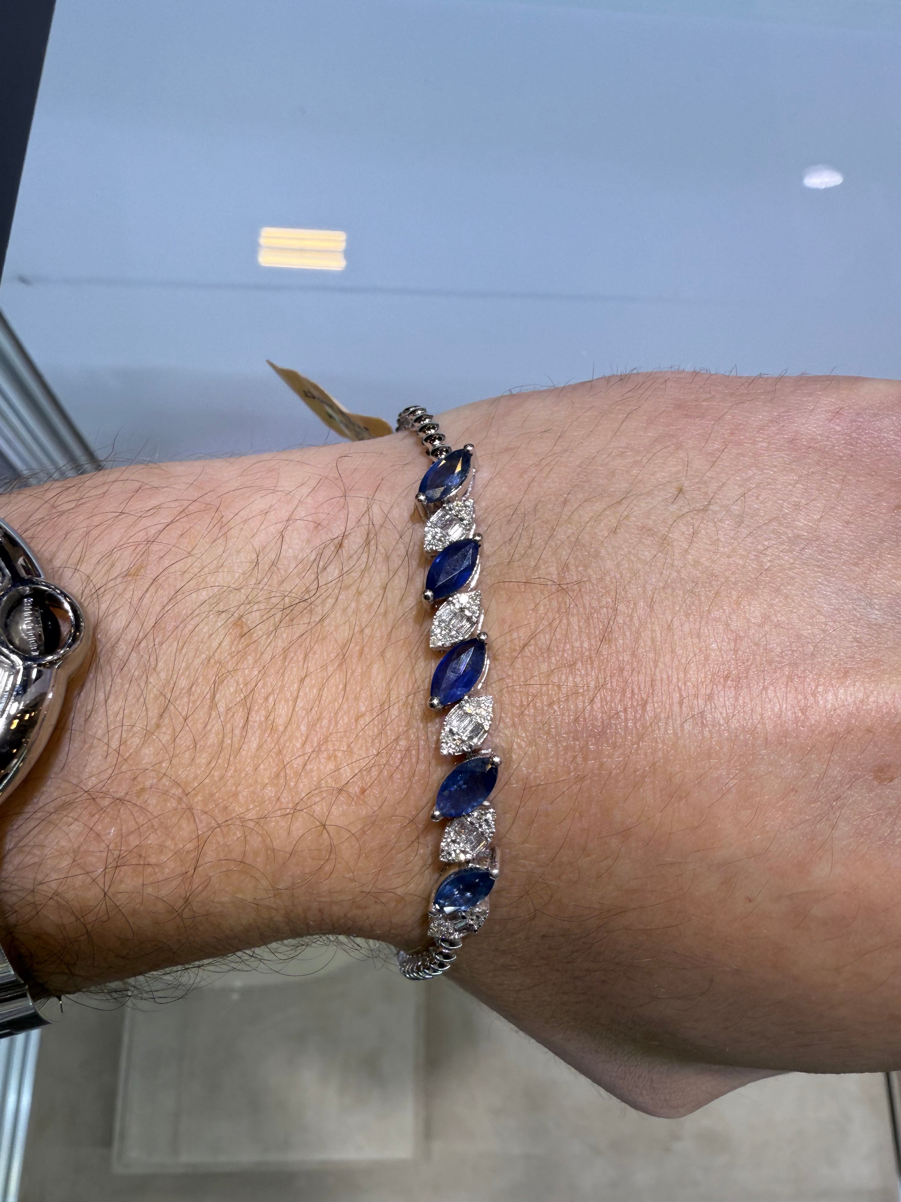 Pulsera de Oro Blanco 14K con Diamante y Zafiro