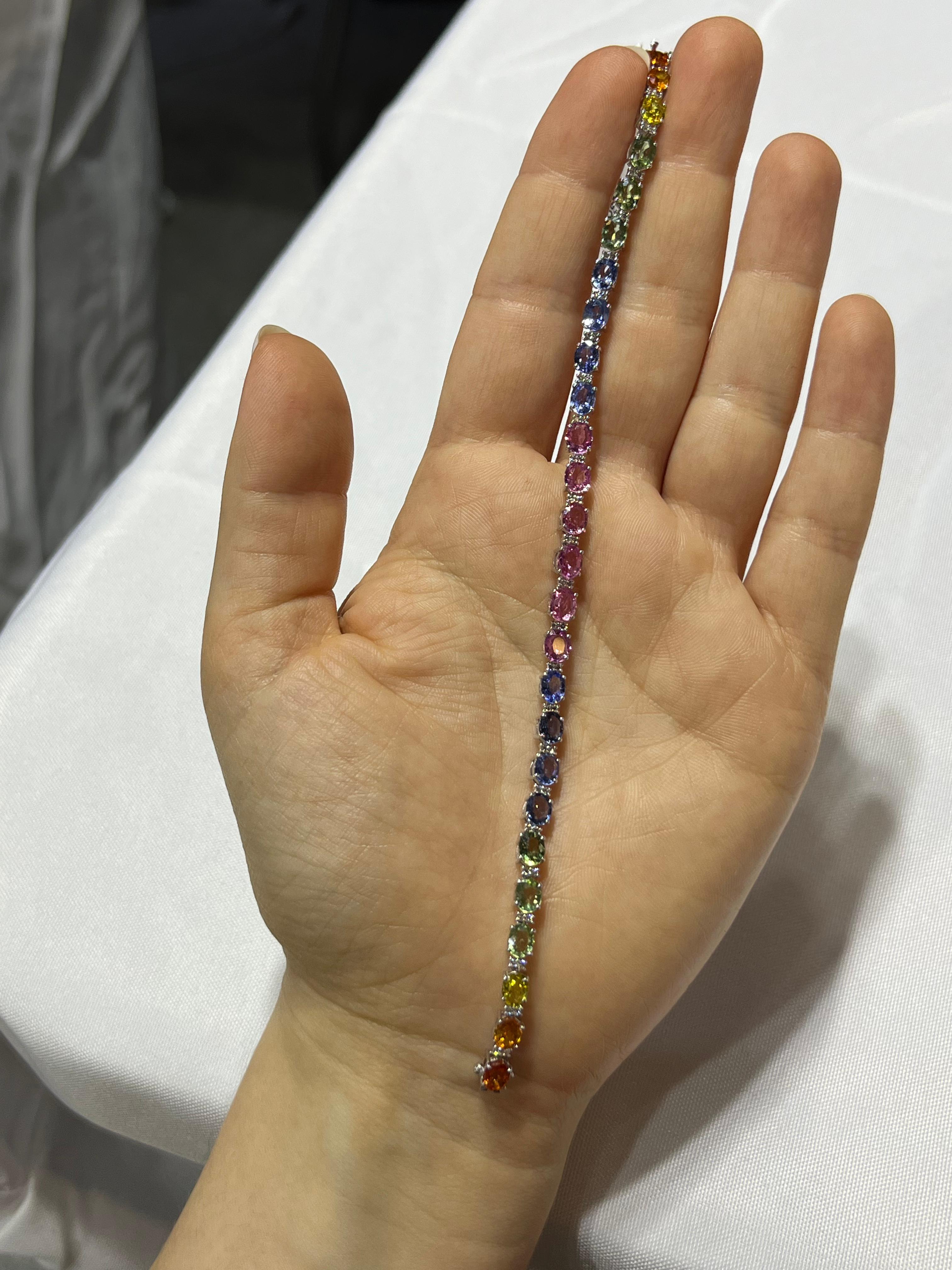 Pulsera de Oro Blanco 14K con Diamante y Multi Zafiro
