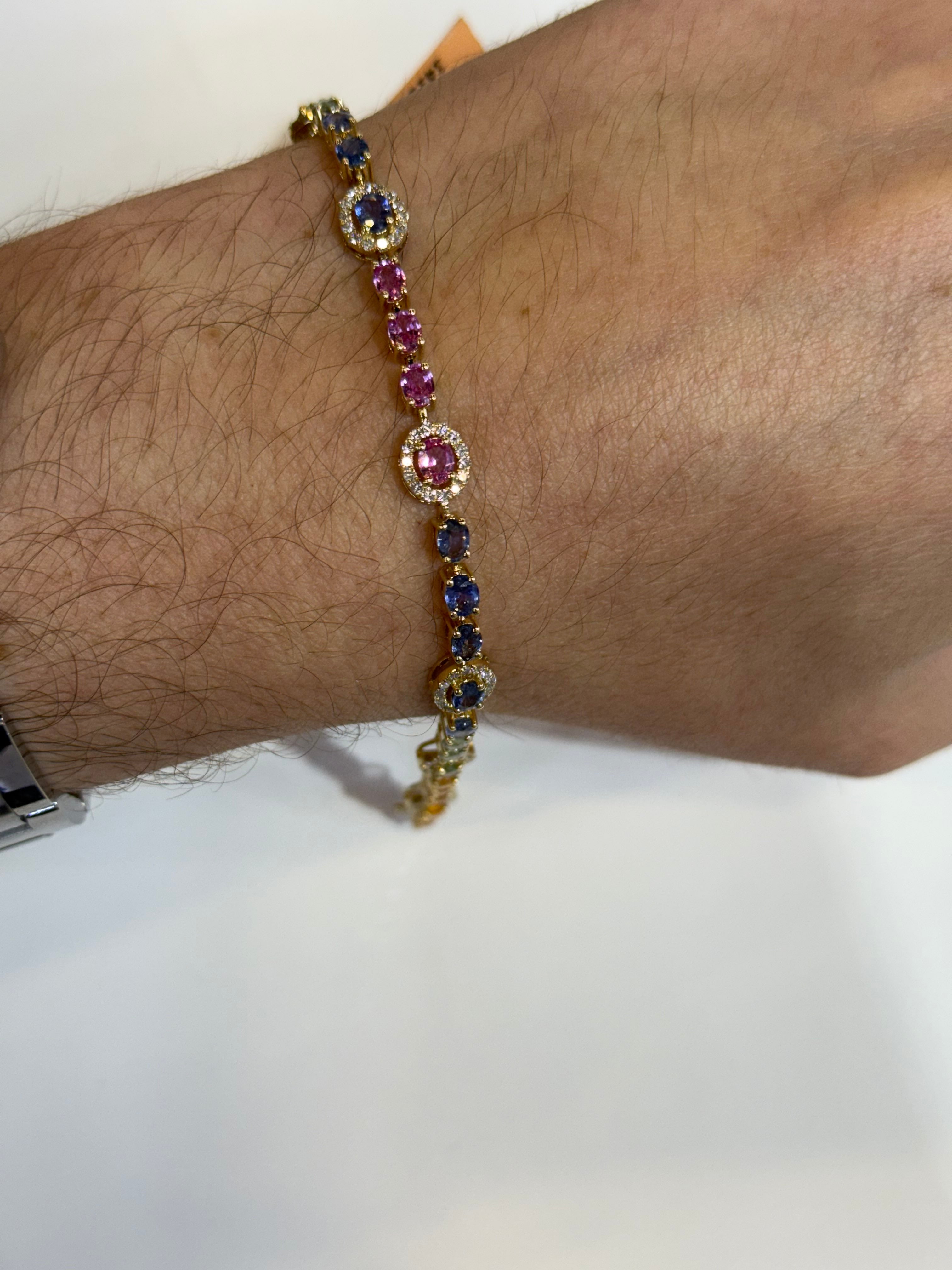 Pulsera de Oro Amarillo 14K con Diamante y Multi Zafiro