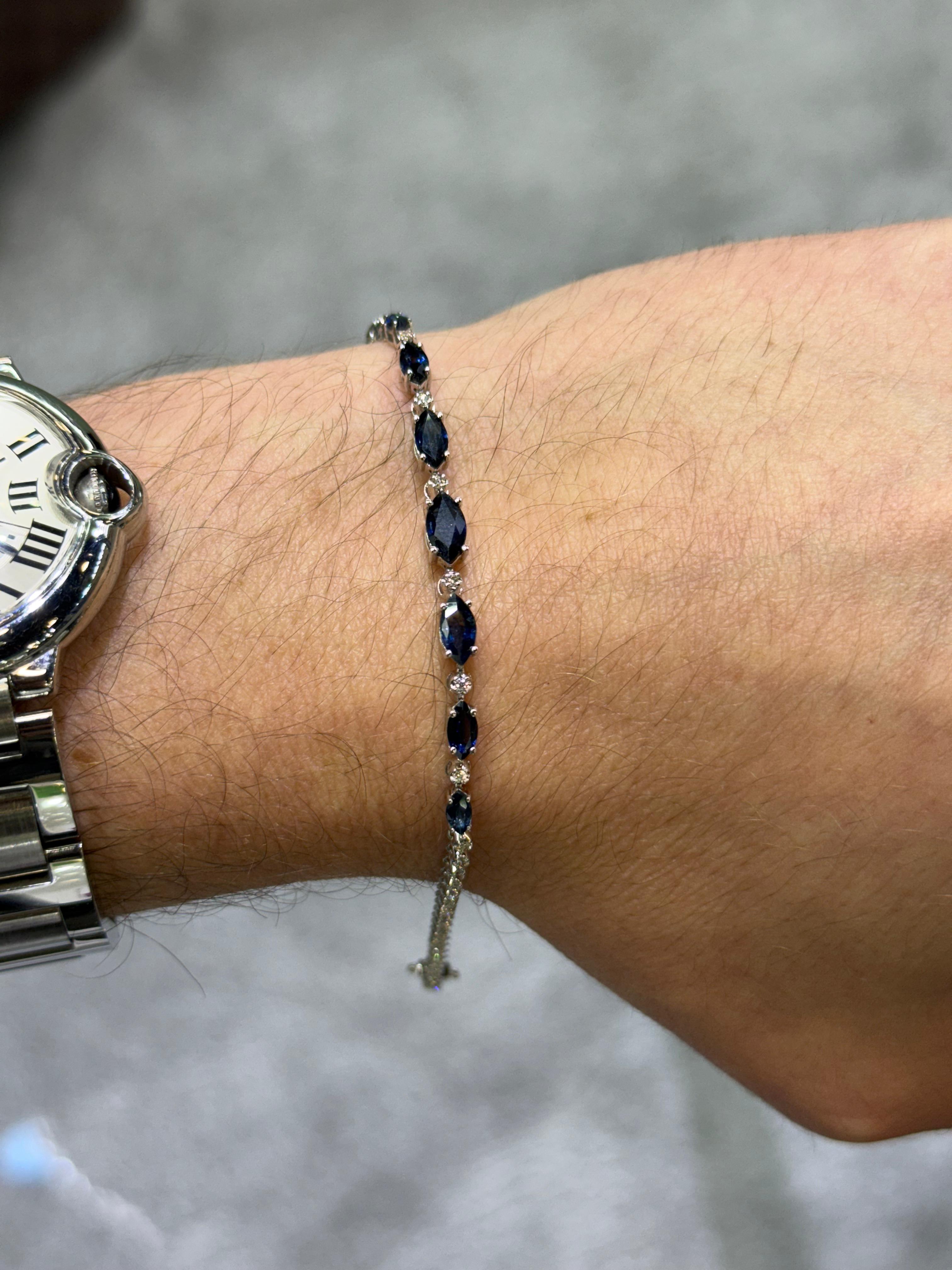 Pulsera de Oro Blanco 14K con Diamante y Zafiro