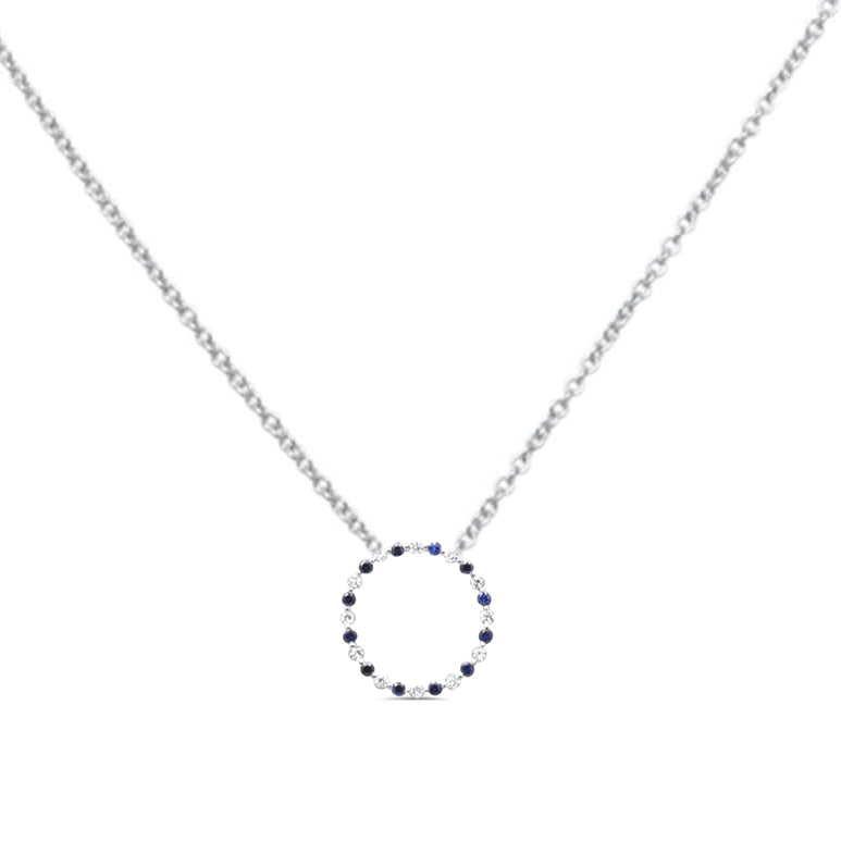 Round Blue Sapphire and Diamond Pendant Necklace in 14K White Gold, 0.27CT.