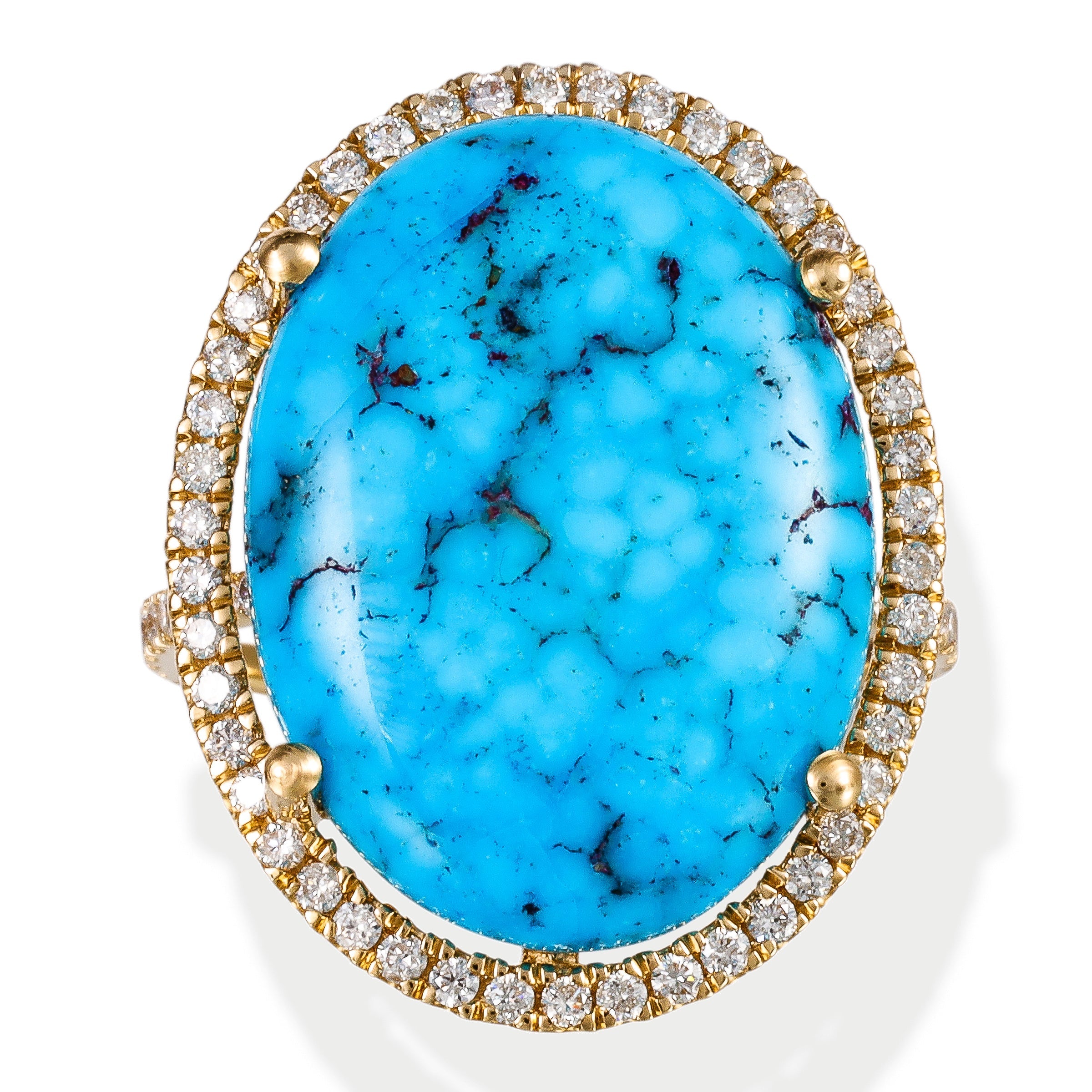 Anillo De Oro Amarillo De 14K Con Diamantes Y Turquesa Ovalada 11.2 Ct.