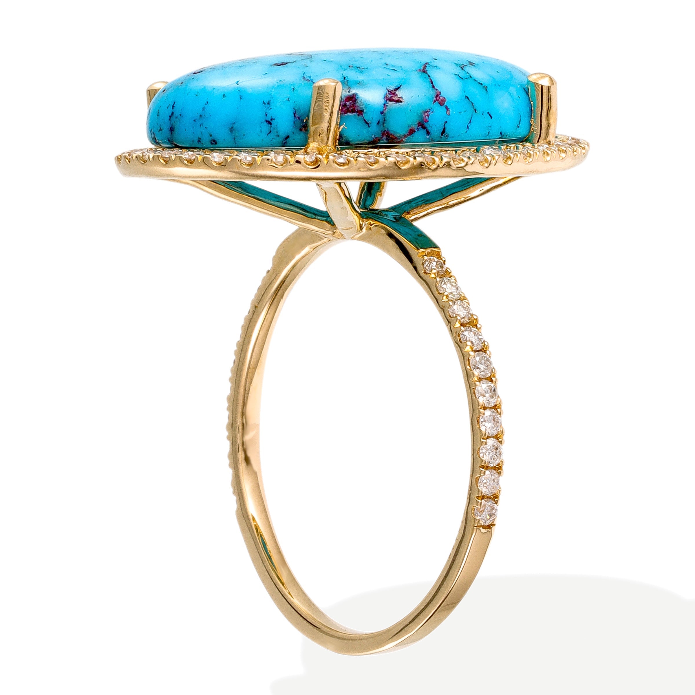Anillo De Oro Amarillo De 14K Con Diamantes Y Turquesa Ovalada 11.2 Ct.