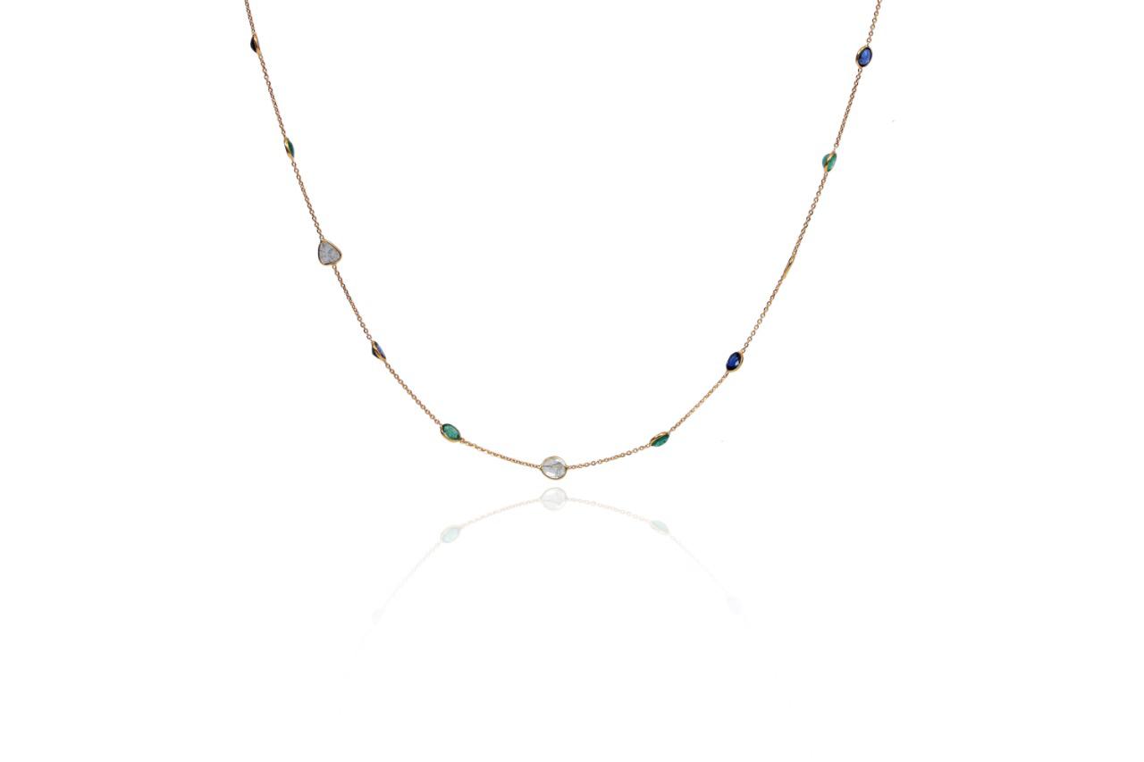 18Kt Oval Blue Sapphire, Emerald &amp; Diamond Slice Necklace, 5.38 CT