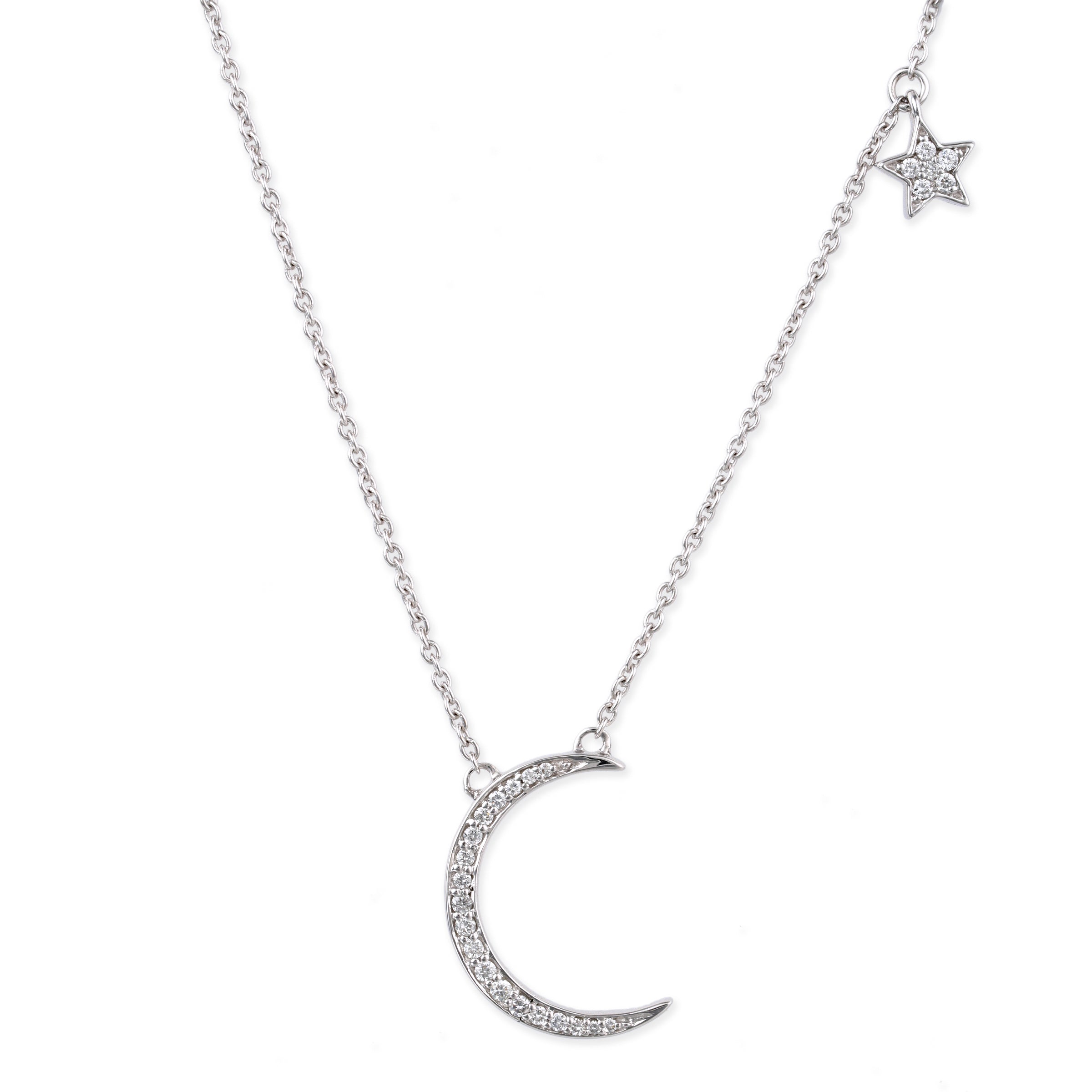 Collar Estrella/Luna De Diamantes De Oro Blanco 0.13 Ct.