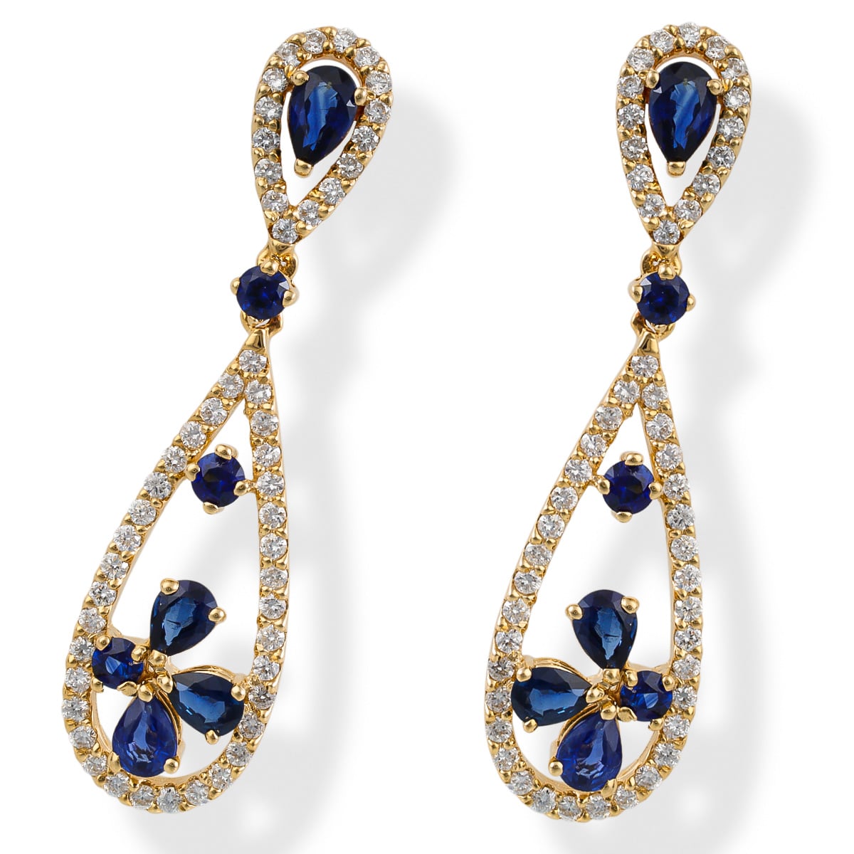 Pendientes De Diamante De 14 Quilates Con Zafiro Azul En Forma De Pera 2.73 Ct.