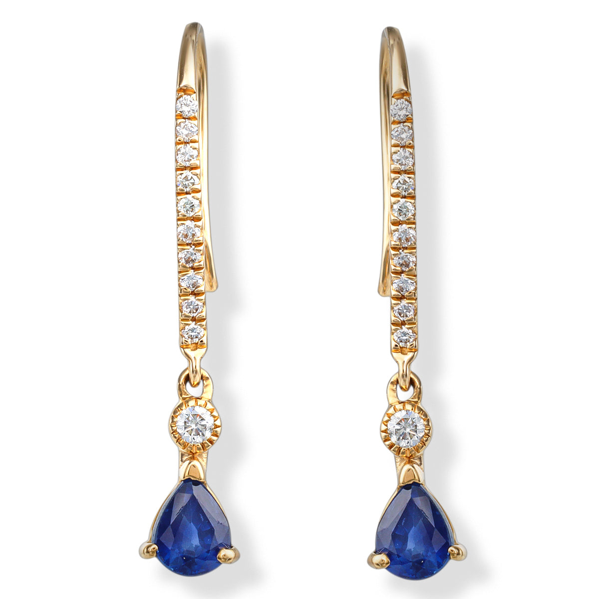 14K. Pendientes 4 X 28 Mm Diamantes/Zafiro Azul 4.12 TCW.