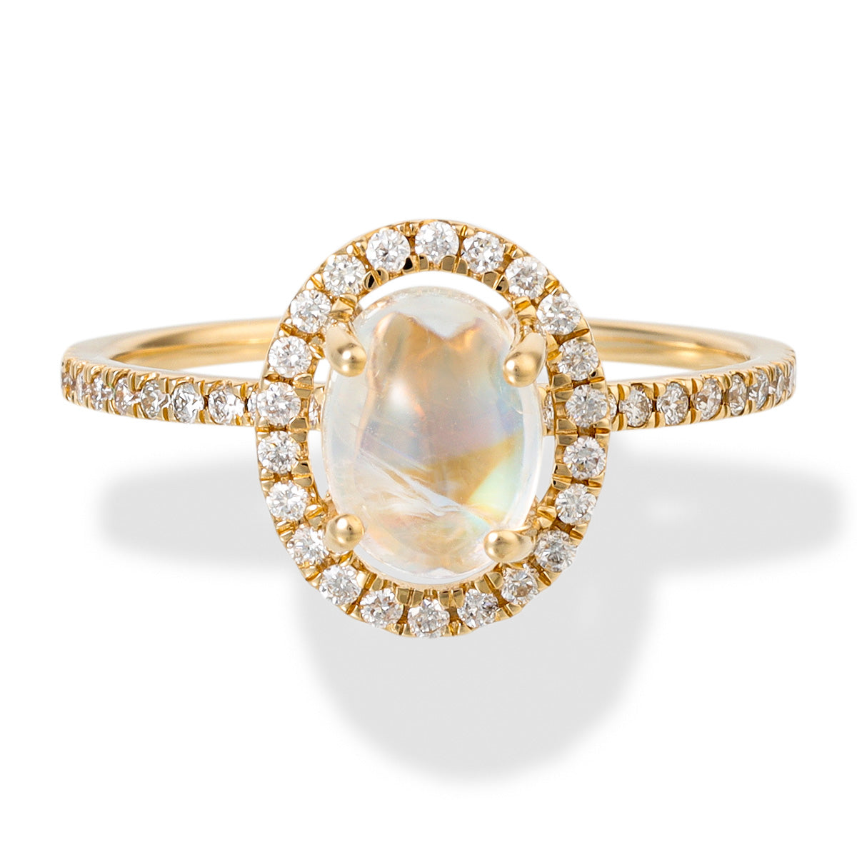 Anillo De Forma Ovalada De Piedra Lunar Arco Iris De Oro Amarillo De 14 Quilates Con Diamantes 3.4 Ct.