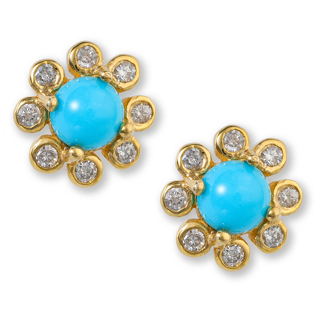 Pendientes Redondos De Oro Amarillo De 18 Quilates Con Turquesa Y Diamantes 0.7 Ct.