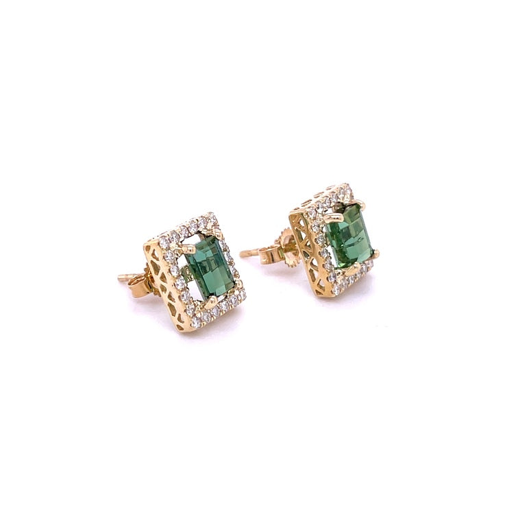 Pendientes De Oro Amarillo De 14K Con Turmalina Con Diamantes 2.32 TCW.