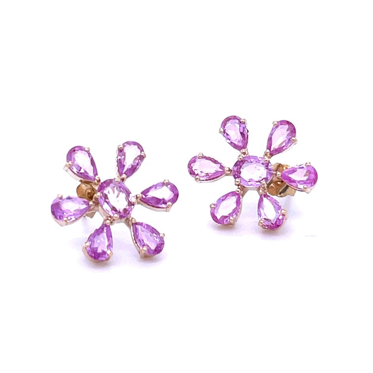 Pendiente De Flor De Zafiro Rosa De Oro Amarillo De 14Kt 3.5 Ct.