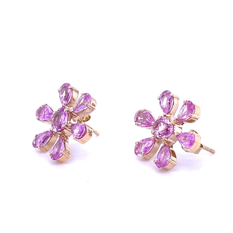 Pendiente De Flor De Zafiro Rosa De Oro Amarillo De 14Kt 3.5 Ct.