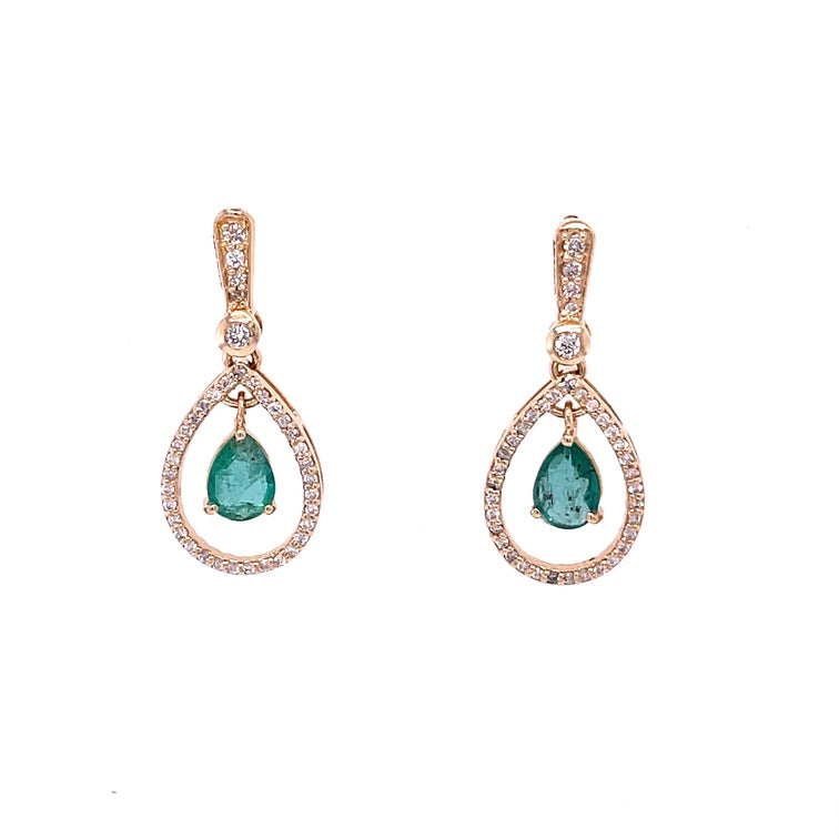 Pear and Emerald Earrings in 14Kt Yellow Gold, 1.81 CT