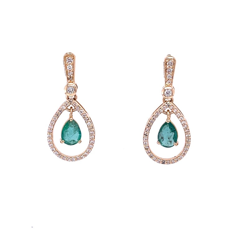 Pear and Emerald Earrings in 14Kt Yellow Gold, 1.81 CT